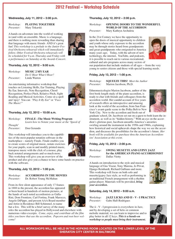 2012 Baltimore AAA Workshops and Schedule