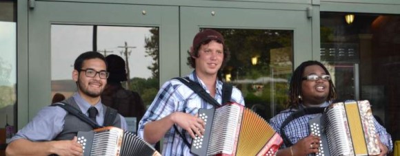 Winners Garrett Neubauer, Grand Prize Winner for Polka; Randall Jackson, Grand Prize Winner for Zydeco; and Aaron Salinas, Grand Prize Winner for Conjunto.