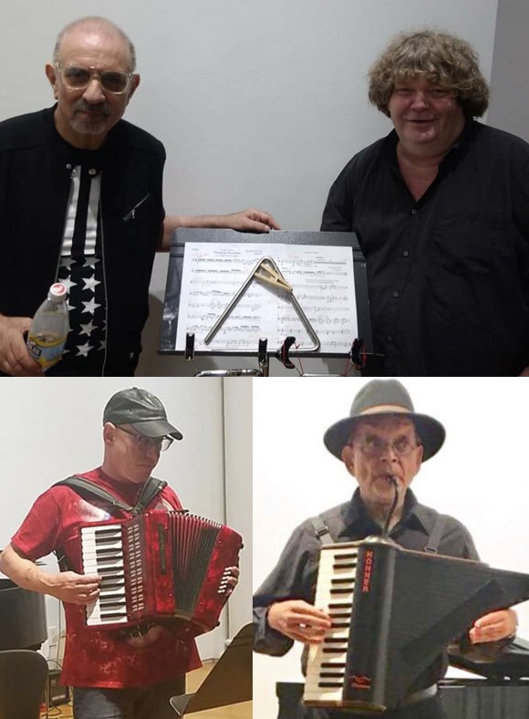 Dr Schimmel and Peter Jarvis, David Stolar, Paul Stein playing the Claviola