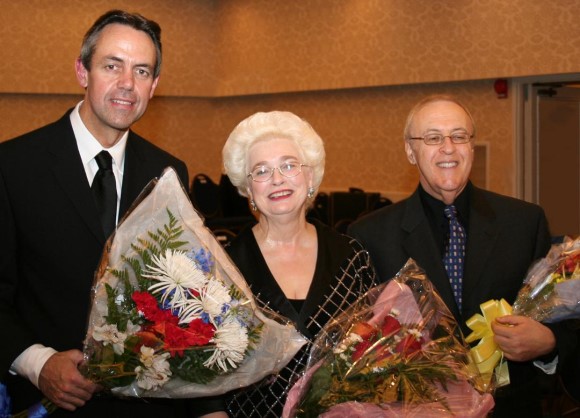 Leonard Stack (right) with World Accordion Orchestra Concert Master Kevin Friedrich and conductor Joan Cochran Sommers in 2007 at the conclusion of the World Premiere of Lest We Forget.