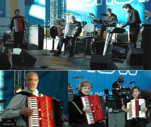 Accordion Palooza concert: Cory Pesaturo, Eddie Monteiro, Mike Snyder (drums), Rick DiPiro (keyboard), Lower: artist Luigi Bruti, Janet Hane & Wilma Rodriguez